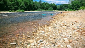 Ein Fluss mit klarem Wasser, umgeben von einem felsigen Ufer und dichtem, grünen Wald.