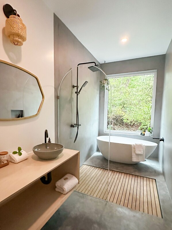 Eco-friendly toiletries, hair dryer, towels, soap