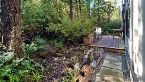 A garden pathway leading to a deck area with a wooden bench and table, surrounded by dense greenery and trees.
