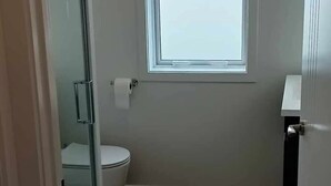 A small bathroom with a toilet, a window, and a shower. There are two mats on the floor.