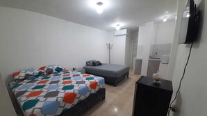 Un dormitorio con una cama, un pequeño sofá, un escritorio y un televisor.