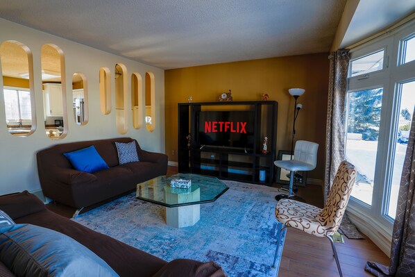 Smart TV, fireplace, books