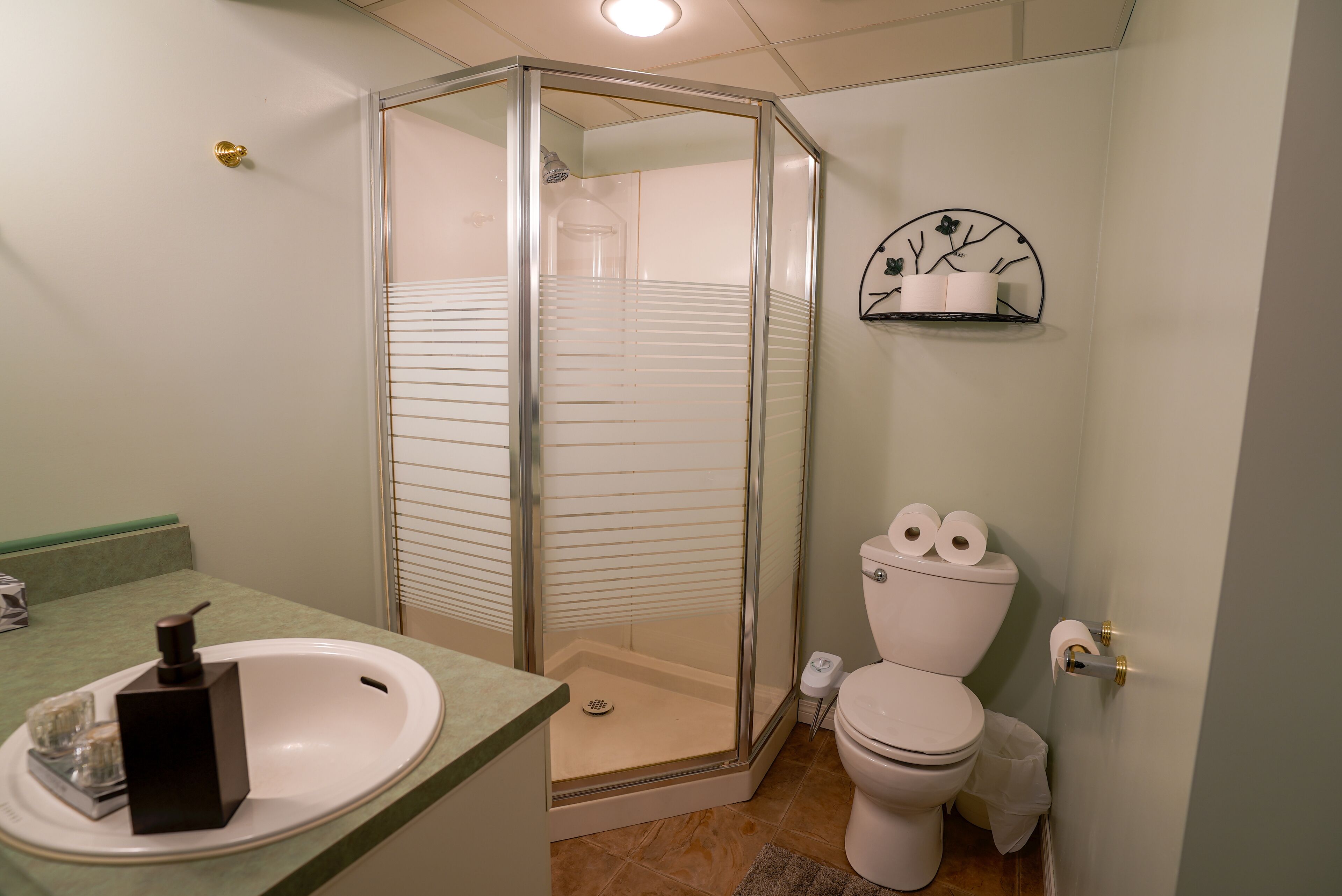 A bathroom with a glass-enclosed shower, a toilet with two rolls of toilet paper, and a sink with a soap dispenser.