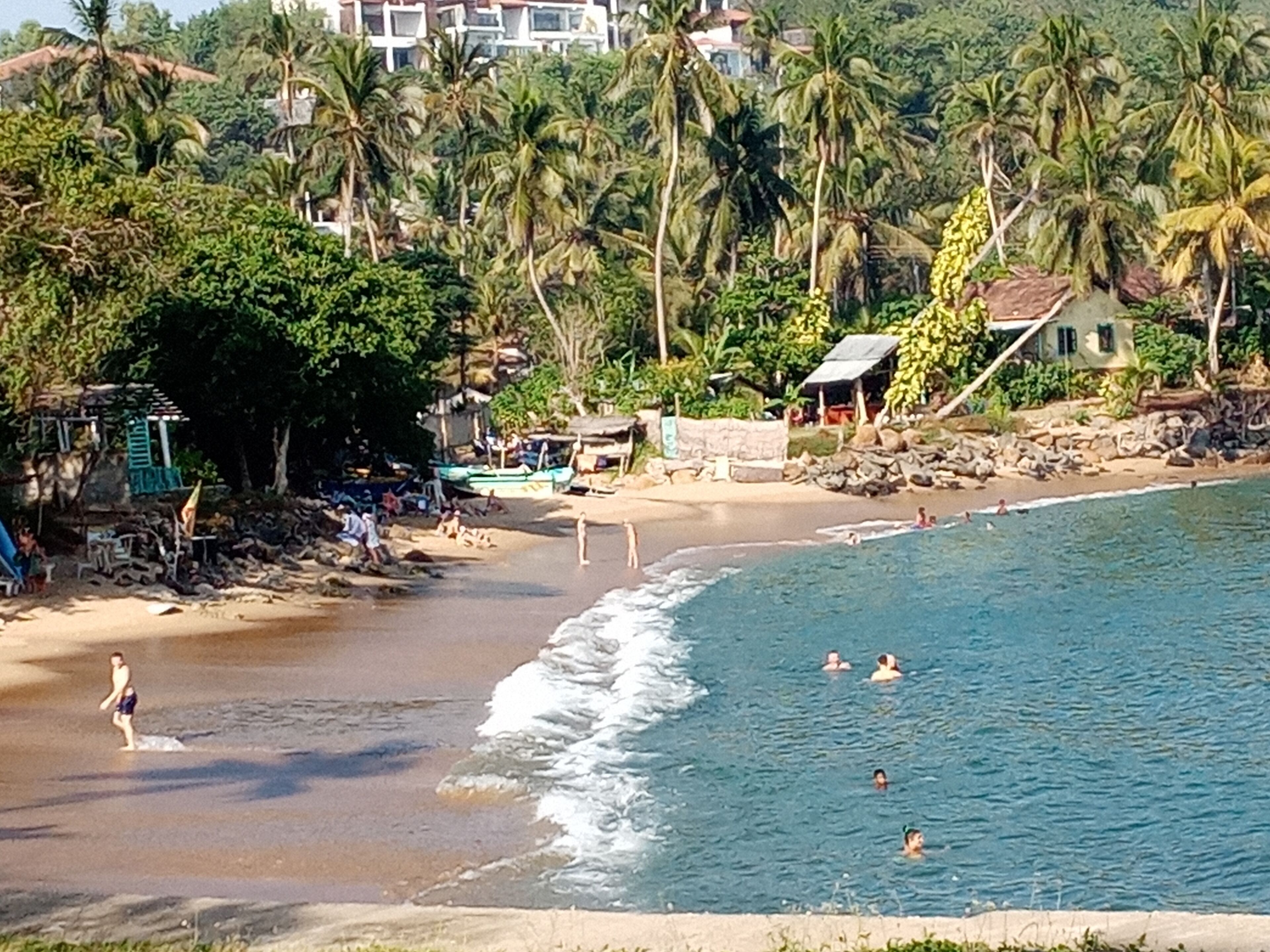 Una playa con gente nadando y caminando por la orilla, rodeada de palmeras y edificios al fondo.