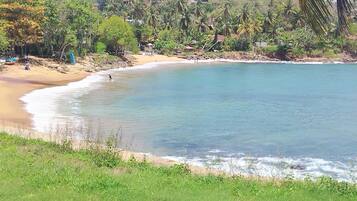 A coastal landscape with a sandy beach, clear blue water, and dense greenery.