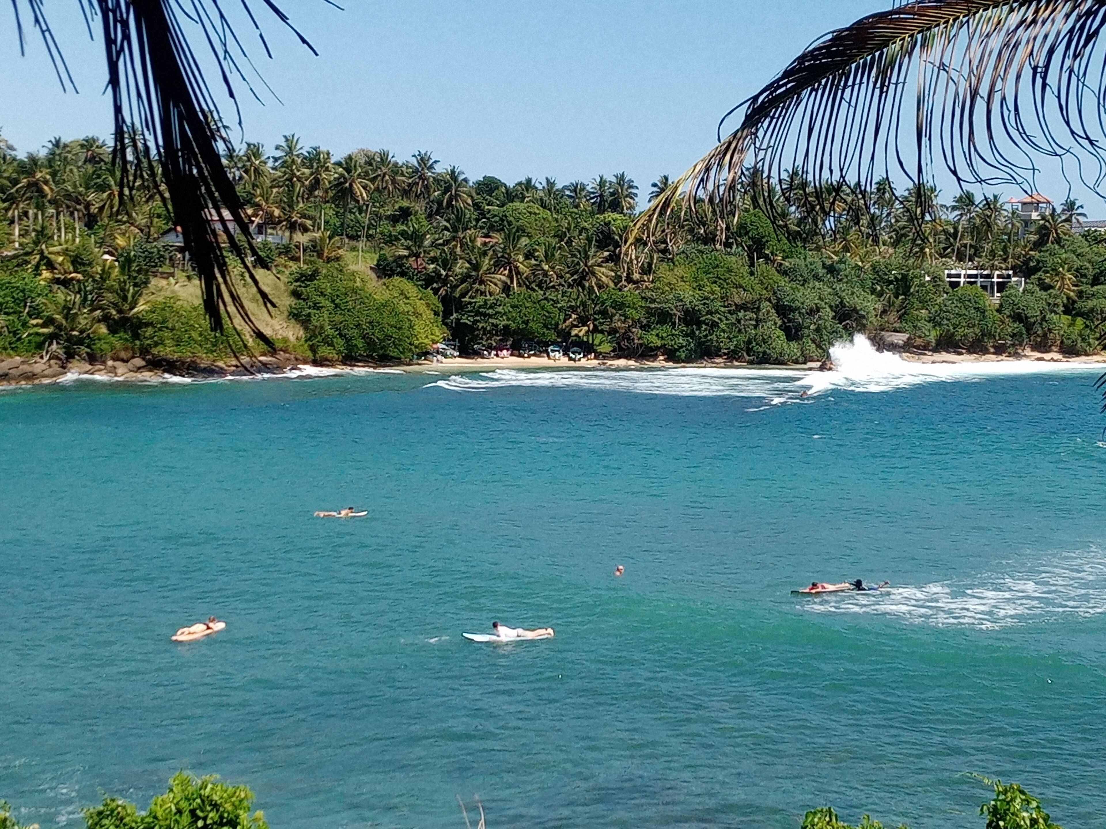 A coastal scene with clear turquoise water, palm trees, and a beach with people swimming and surfing.