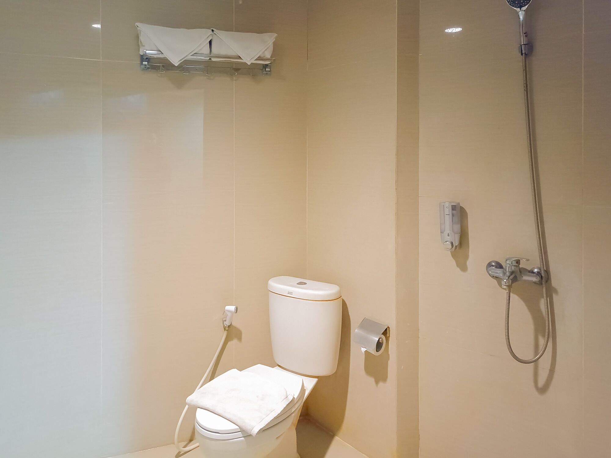 A modern bathroom with a toilet, a shower, and a towel rack.