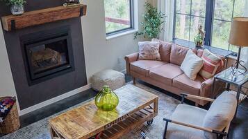 Smart TV, fireplace, books