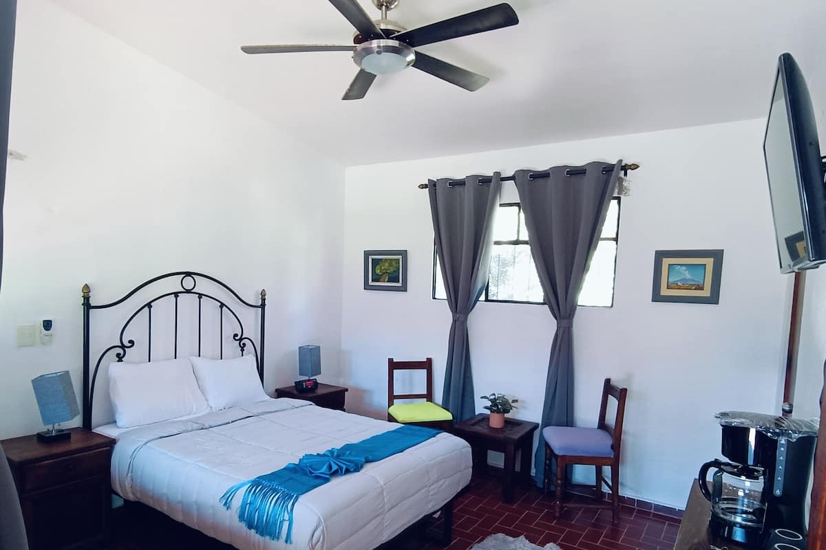 A bedroom with a bed, a nightstand, a chair, a coffee maker, a television, and a ceiling fan.