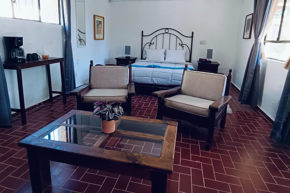 A room with a bed, two armchairs, a coffee table with a plant, a small table with a coffee maker, and a window with curtains.