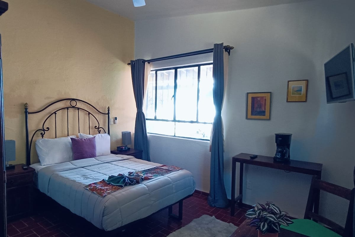 A bedroom with a bed, a ceiling fan, a window with curtains, a small table with a plant, and a wall with framed pictures.