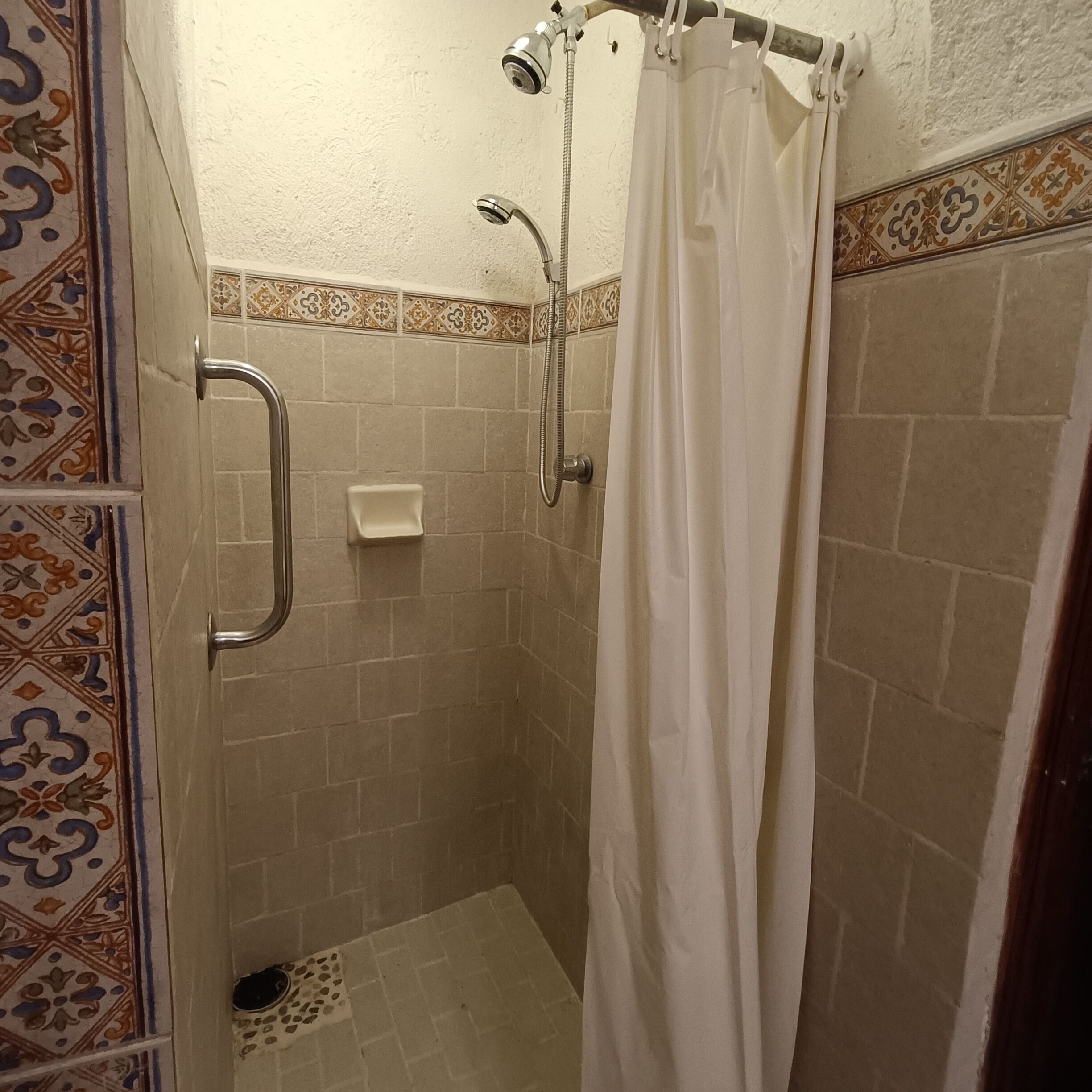 A shower area with a handrail, a showerhead, and a curtain.