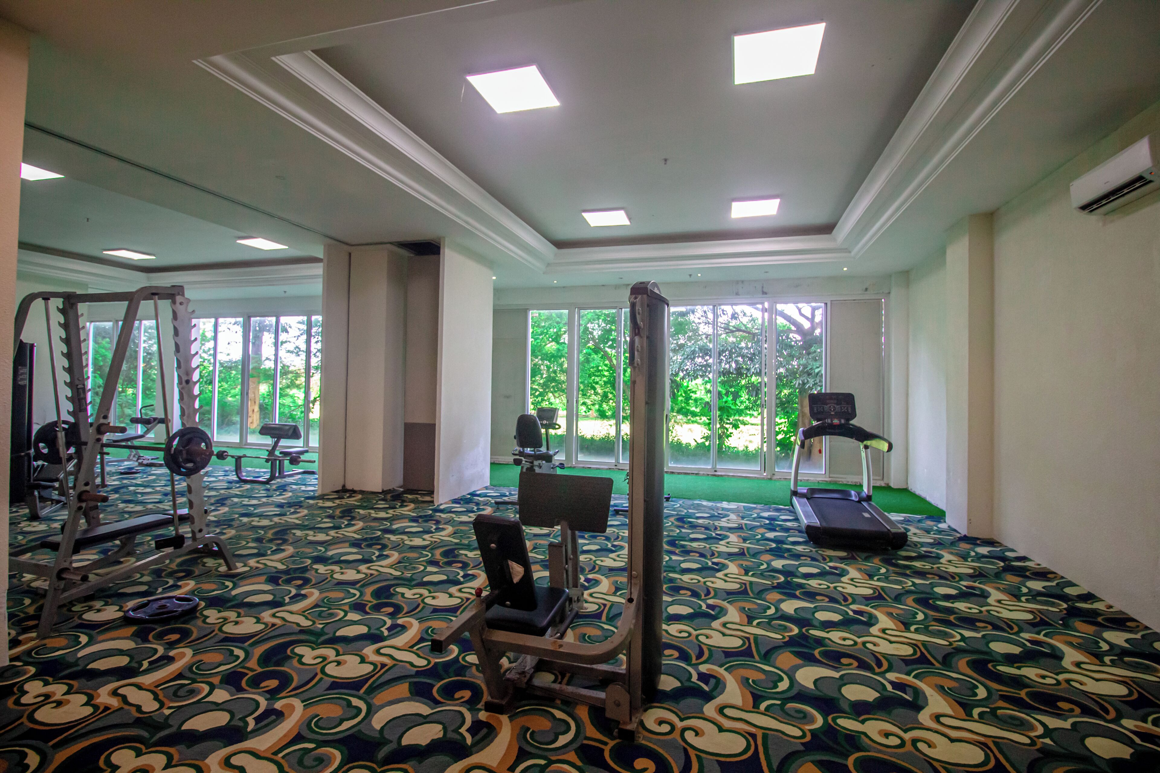 A spacious gym with various exercise equipment, large windows, and a patterned carpet.