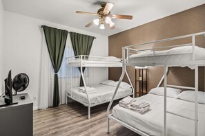 4 bedrooms, desk, iron/ironing board, travel cot