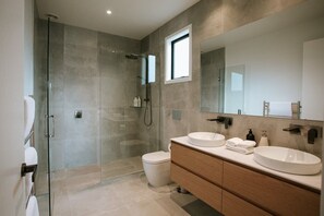Shower, hair dryer, towels