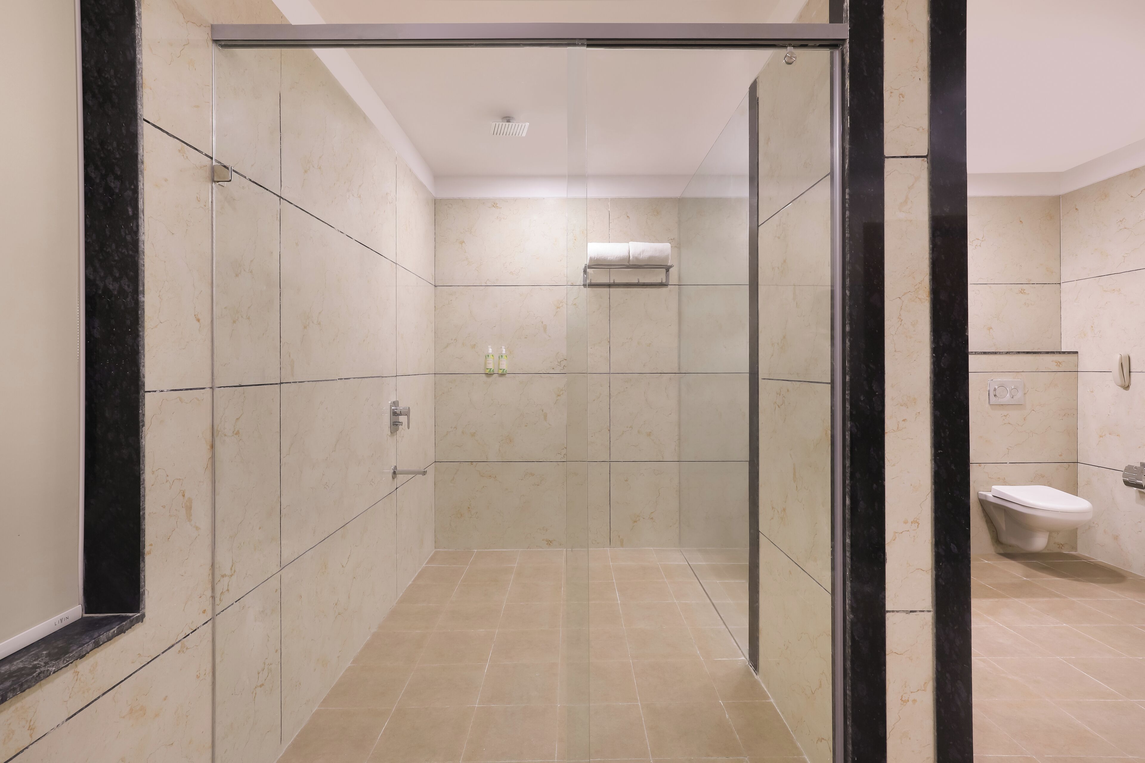 A modern bathroom with a glass shower enclosure, a toilet, and a towel rack.
