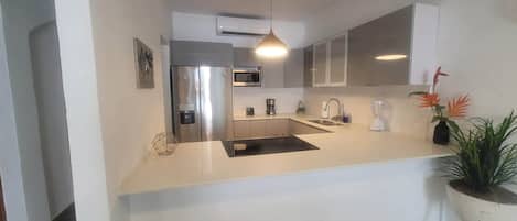 Frigorífico, microondas, horno y placa de cocina