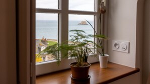 Une fenêtre donnant sur la mer et une petite île. Deux plantes en pot sont posées sur une étagère en bois.