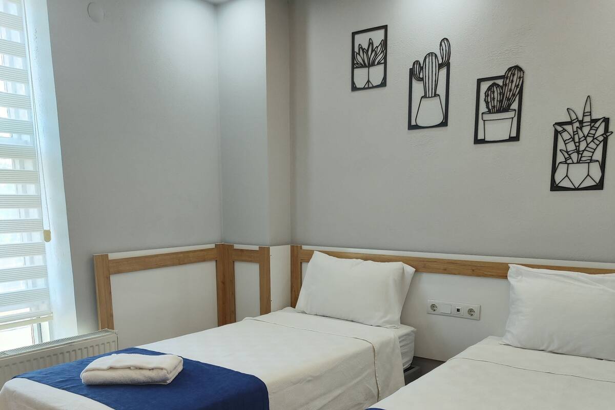 A hotel room with two single beds, a wooden headboard, a radiator, and wall art depicting cacti.