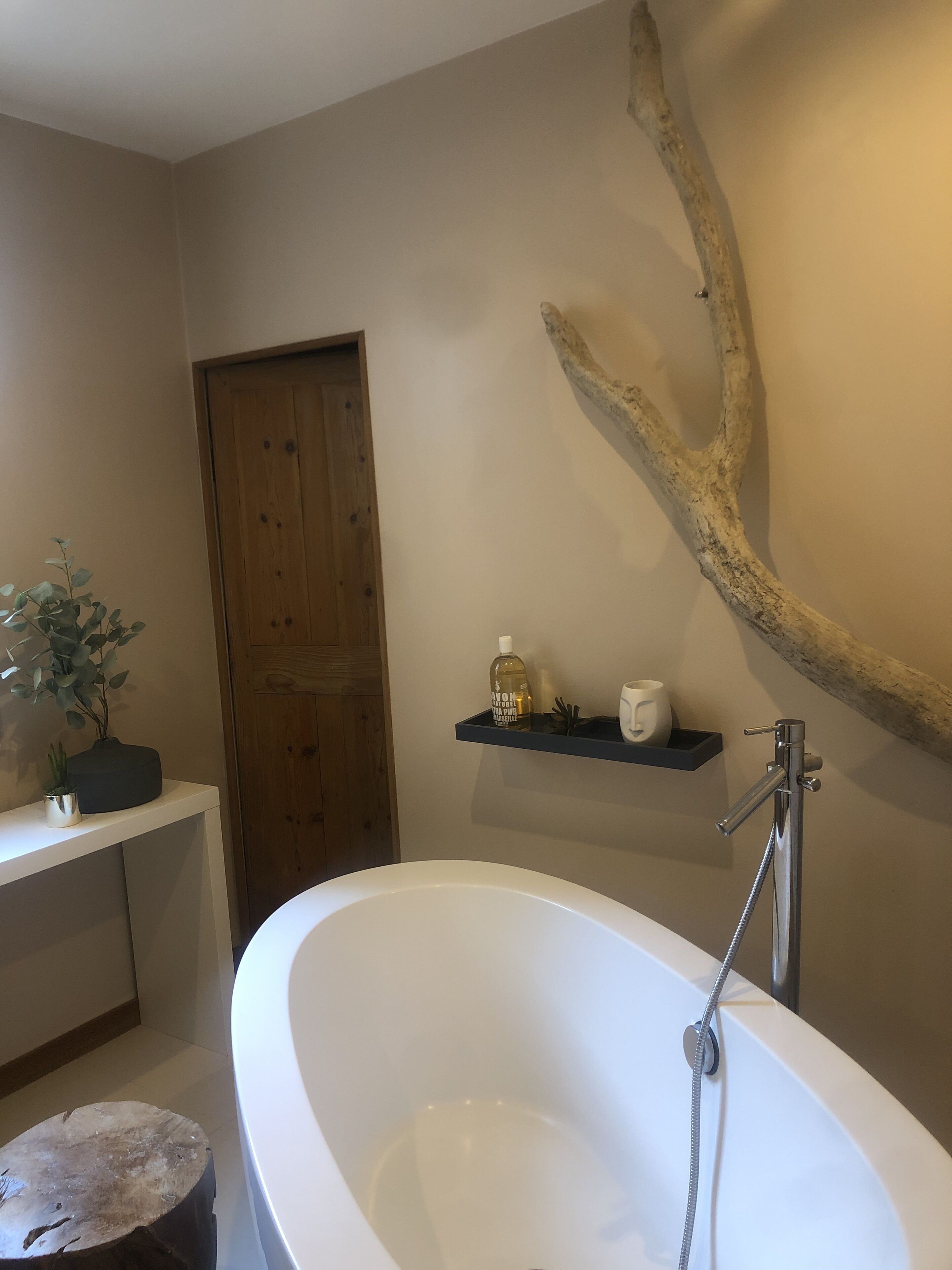 A bathroom with a freestanding bathtub, a wooden door, a shelf with toiletries, and a plant.
