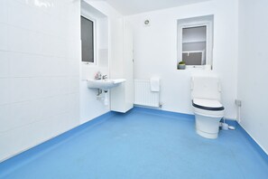 Bathroom features a white sink, toilet, and radiator, with a small window above the toilet.