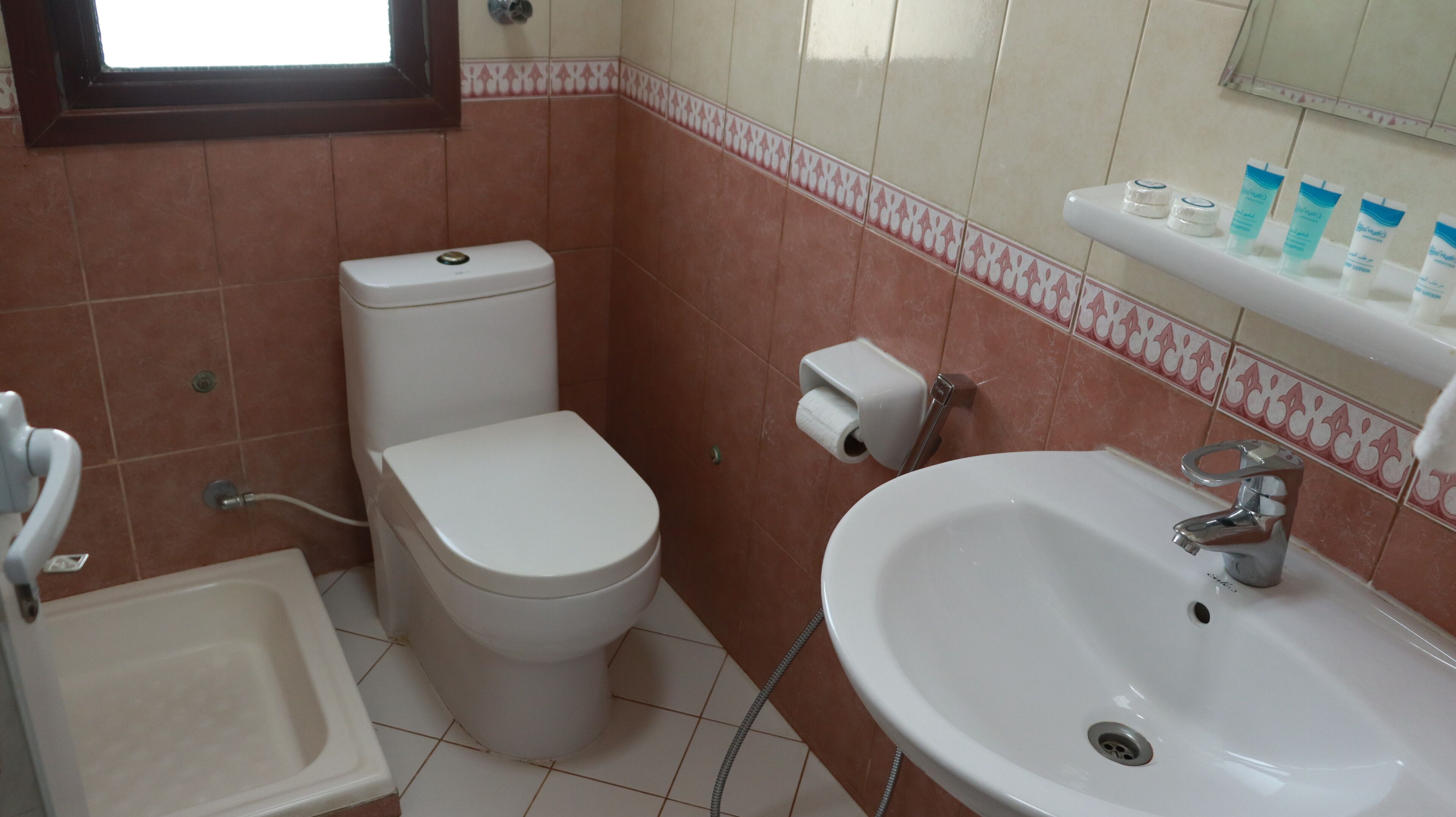 A bathroom with a toilet, sink, and shower.