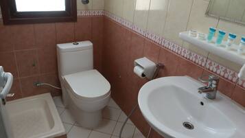 A bathroom with a toilet, sink, and shower.