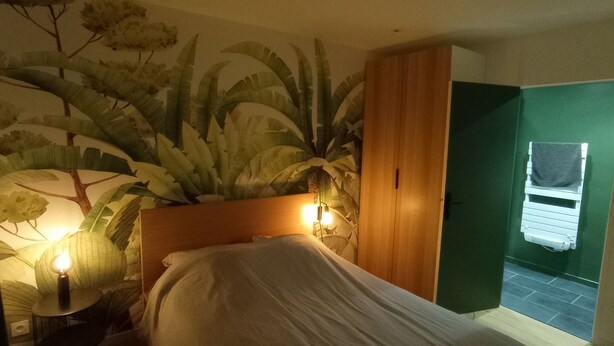 Une chambre à coucher avec un lit, une table de chevet, une lampe, un climatiseur fixé au mur et une porte verte.