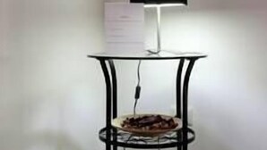 A small table with a black lamp and a plate of food. - Tembo House - Pantano 2 (Catania)