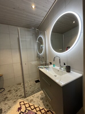 Regadera, secadora de cabello, jabón, shampoo 