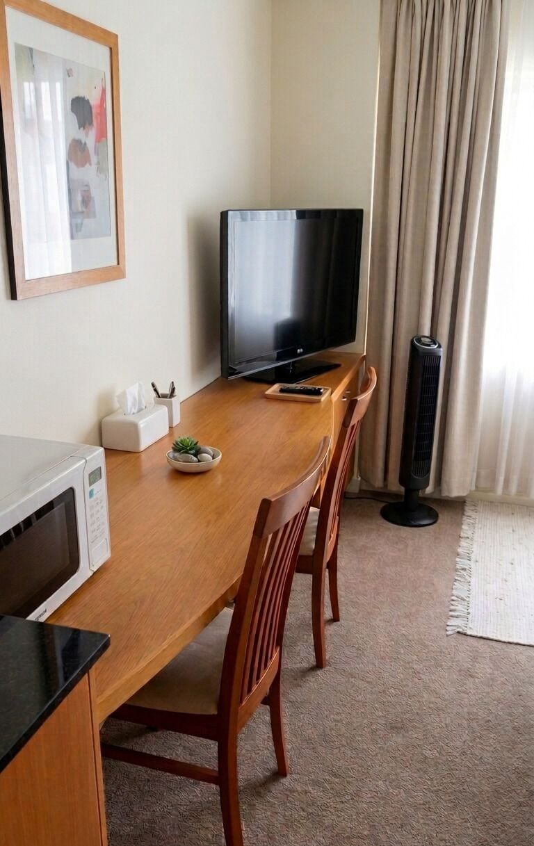 Hotellihuone, jossa on puinen ruokapöytä, televisio, mikroaaltouuni, tuuletin ja seinällä kehystetty kuva.