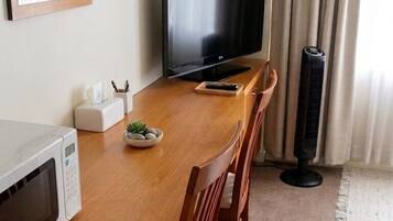 Hotellihuone, jossa on puinen ruokapöytä, televisio, mikroaaltouuni, tuuletin ja seinällä kehystetty kuva.