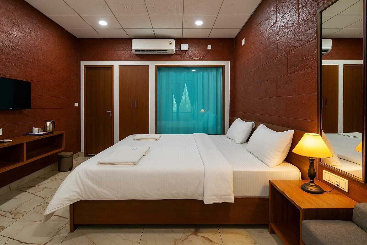 Ropa de cama de alta calidad y caja de seguridad en la habitación 