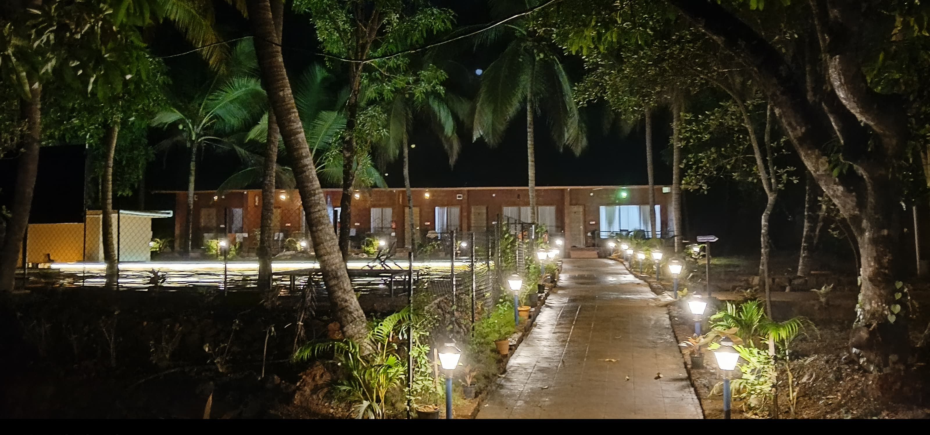 A pathway leading to a building with multiple windows, surrounded by trees and illuminated by street lamps.