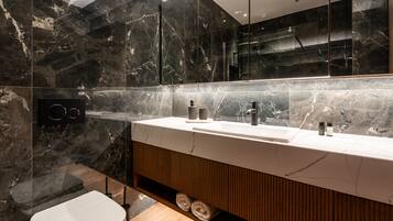 Shower, hair dryer, bathrobes, slippers