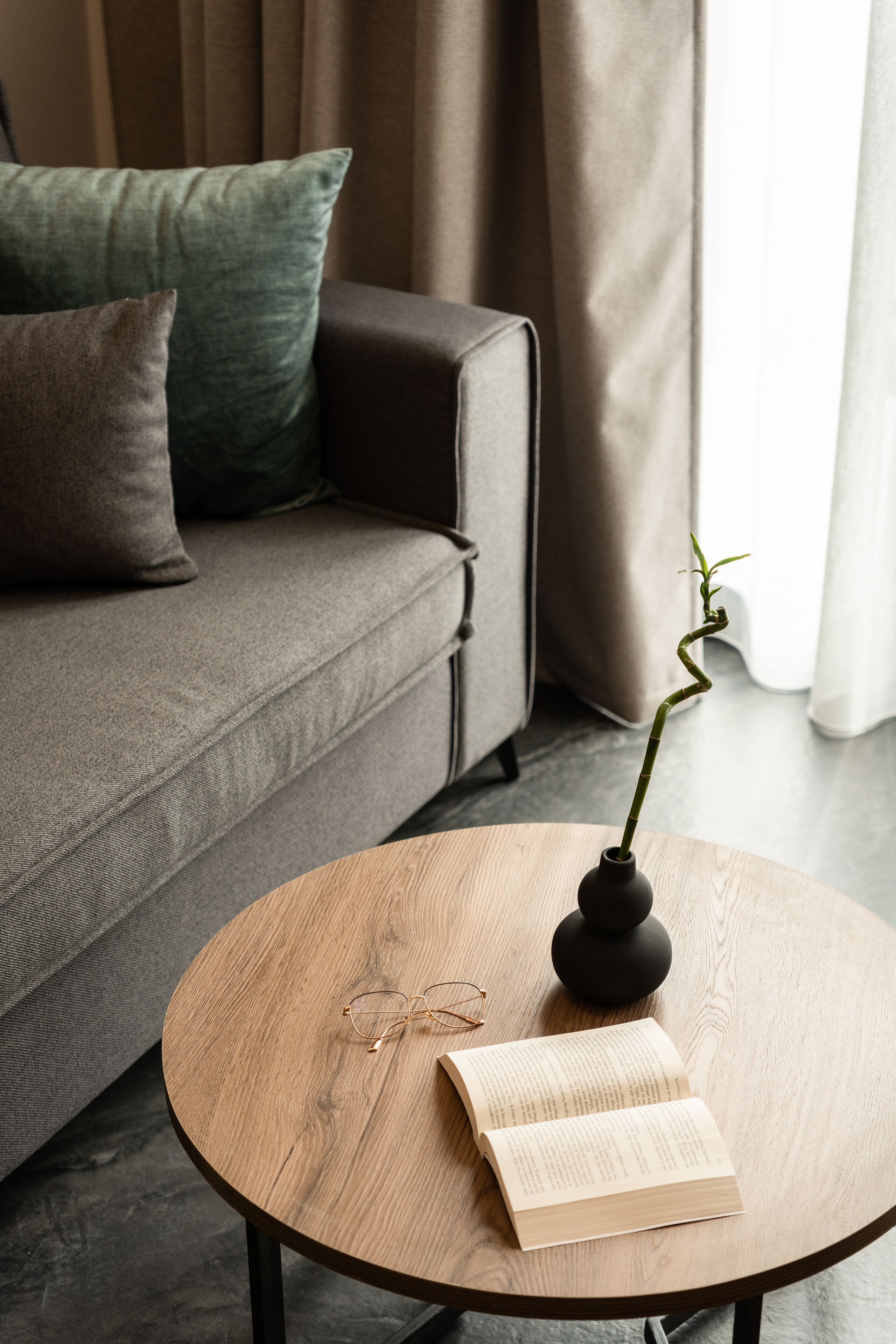 Una sala de estar acogedora con un sofá, una mesa de centro redonda de madera, un libro y un florero con una planta.