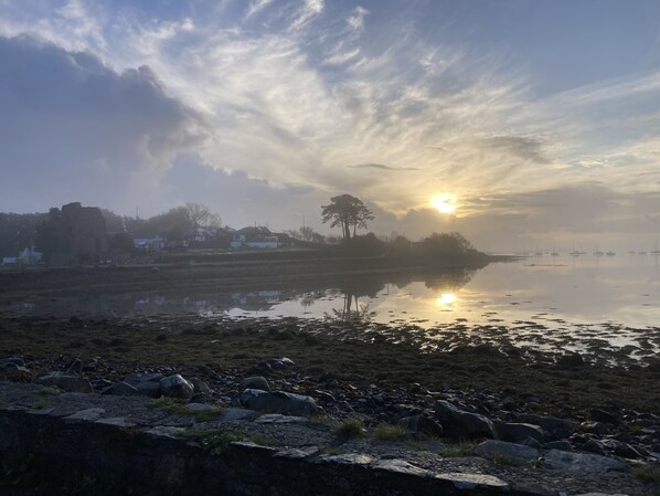 A calm river with a rocky shoreline and a distant view of houses and trees under a cloudy sky. - Ballydorn Lodge Strangford Lough (Killinchy)