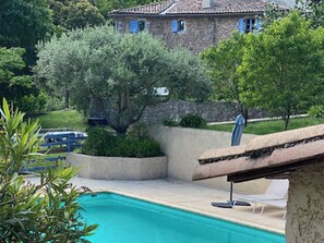 Relax by the serene pool surrounded by lush greenery and trees.