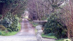 A garden pathway leading to a stone fountain with a statue base. - Moorlands (Barnstaple)