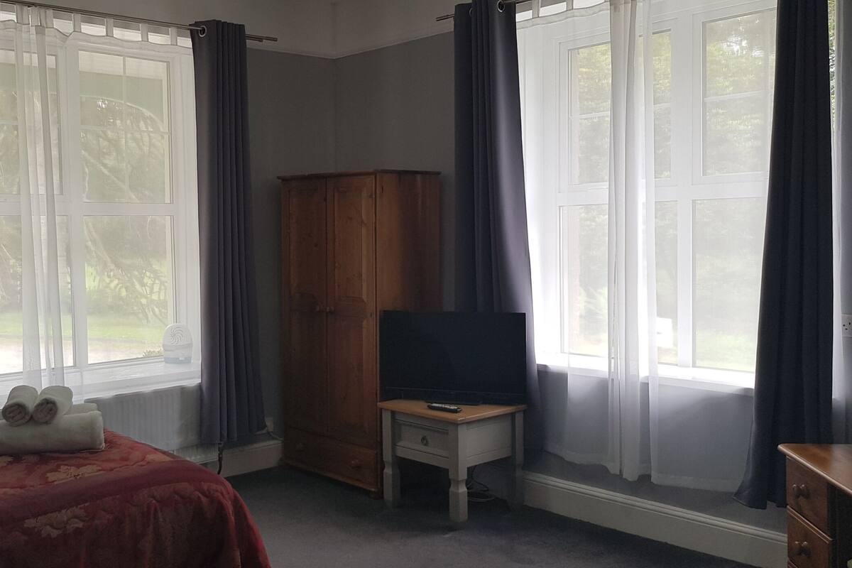 A bedroom with a bed, a wooden wardrobe, a television on a small table, and large windows with curtains.