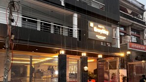 A hotel with a modern facade, a red carpet entrance, and a visible balcony. - Hotel Grey Sky  (New Delhi)