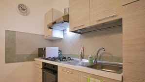 Een moderne keuken met een gasfornuis, magnetron, oven en een roestvrijstalen spoelbak.
