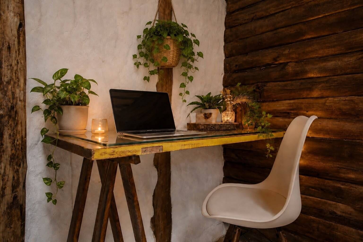 A workspace with a laptop, a white chair, and various potted plants.