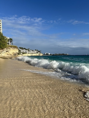 On the beach, sun-loungers, beach towels