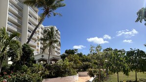 Un chemin menant à un immeuble à plusieurs étages doté de balcons, entouré d’une végétation luxuriante et de palmiers.