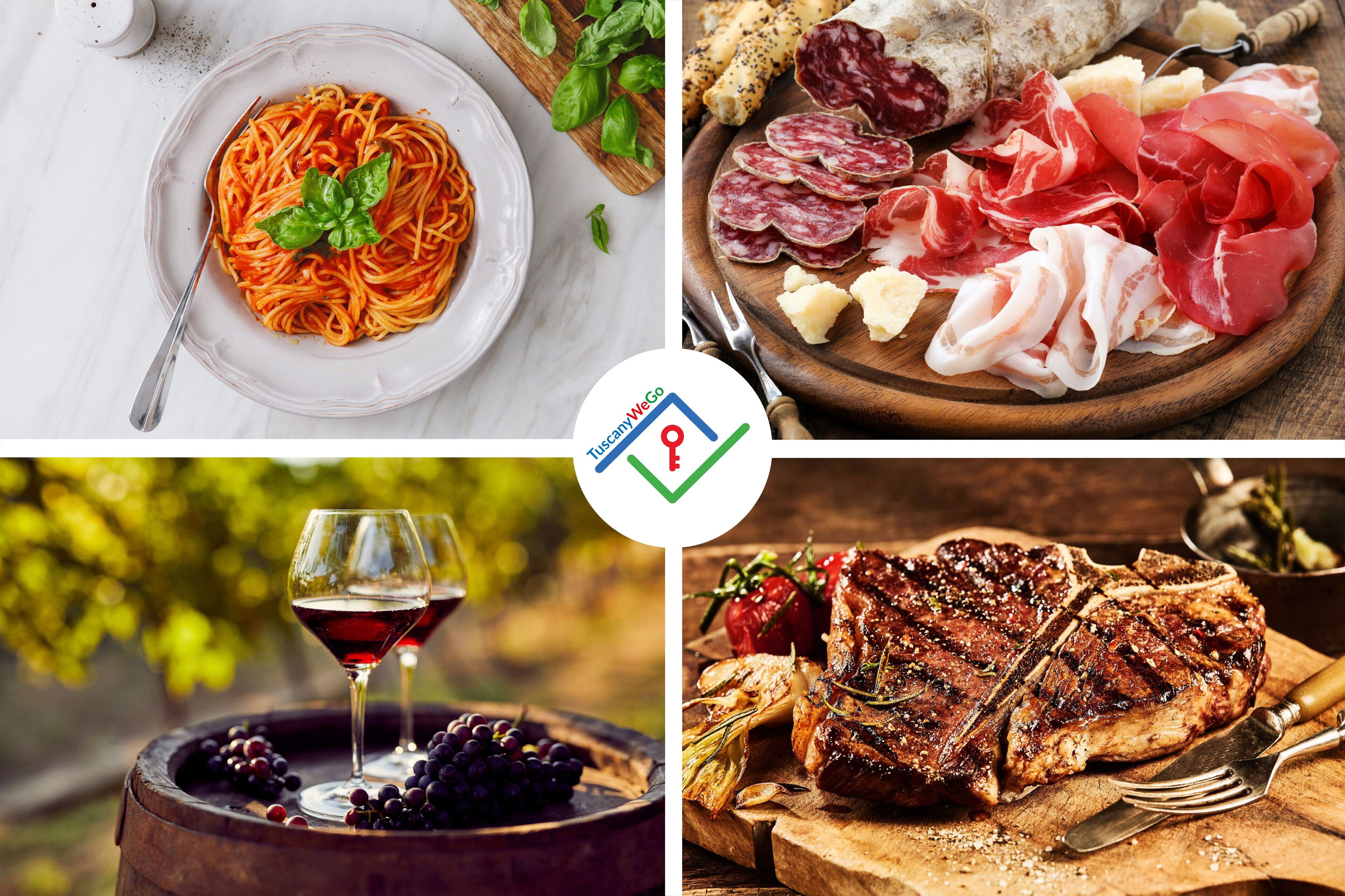 Ein Tisch mit Spaghetti, einer Platte Wurstwaren, einem Glas Rotwein und einem gegrillten Steak.