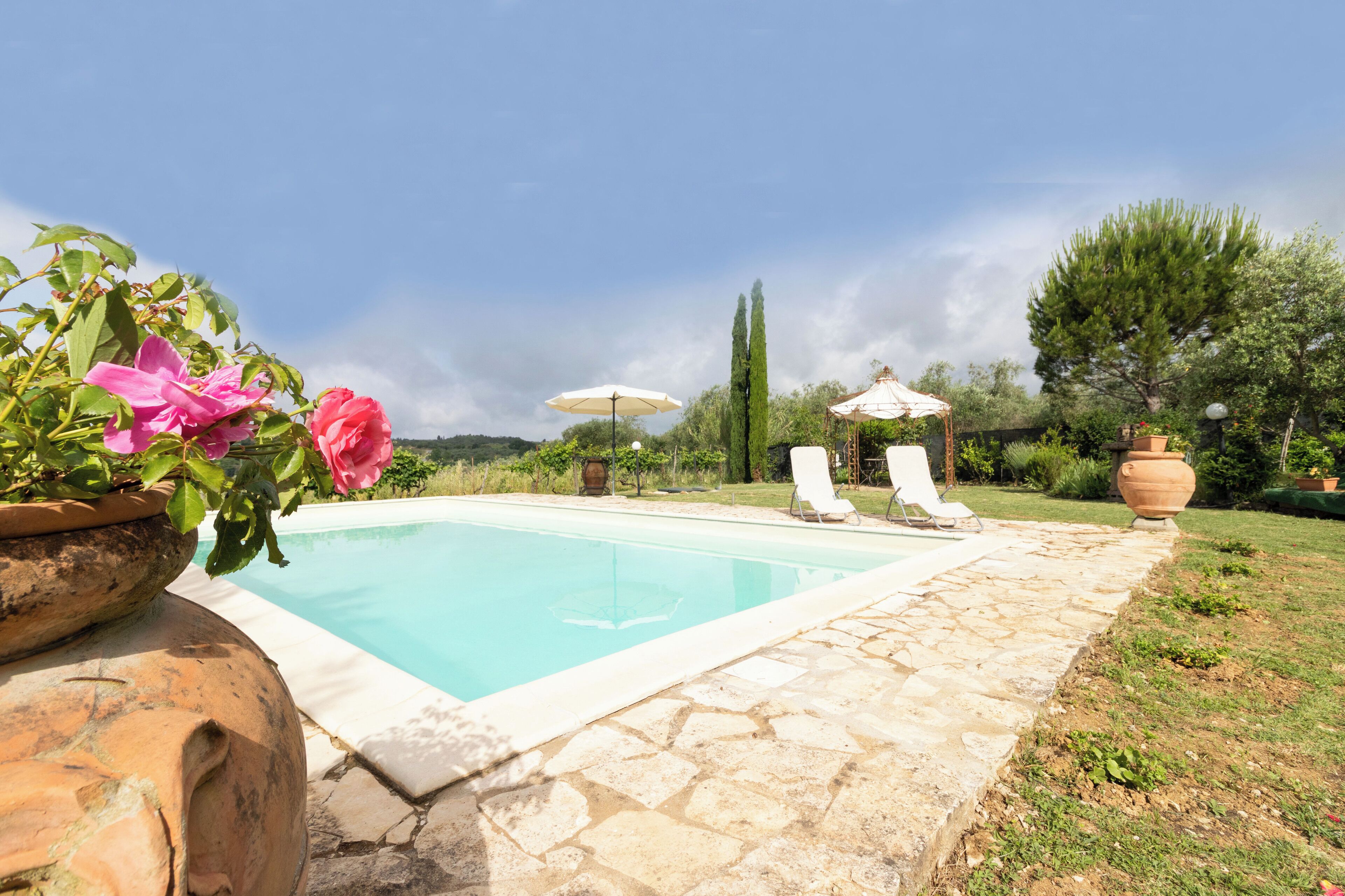 Une piscine aux bords recouverts de pierres, entourée d’un jardin agrémenté de plantes en pot et d’une pergola.