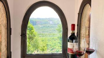 Ein Zimmer mit Blick auf einen Weinberg durch ein rundbogenförmiges Fenster, eine Weinflasche und ein Obstteller.