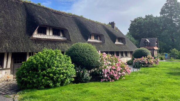Une rangée de charmantes chaumières aux toits de chaume, avec un jardin bien entretenu et un ciel dégagé.