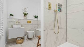 Shower, hair dryer, towels